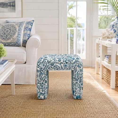 Get Set Style Vanity Stool Chair,Modern Tusk Bloom Ottoman Foot Stool with Wooden Legs Sofa Bench Footstool Extra Seat for Vanity,Makeup Room,Living Room(Fully Assembled) (Tusk&Bloom-Indigo)