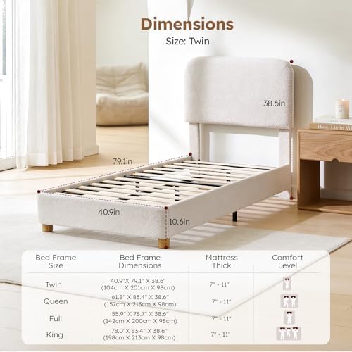 Twin Size Cloud Platform Bed for Kids, Soft Boucle Toddler Bed Frame, Cream