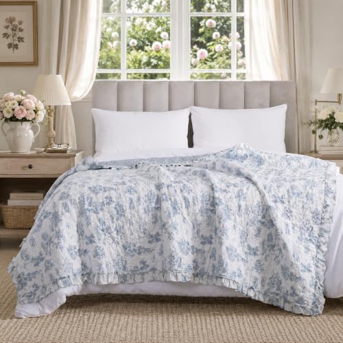 Brandream Blue Toile Quilted Throw Blanket 47" x 60" Cozy Cotton Decorative Blanket French Country Cottage Floral Quilt Throw for Bed Couch Sofa Daybed All-Season Coverlet