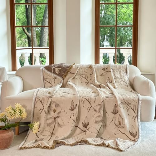 FALUCA Muslin Cotton Throw Blanket Boho Floral Jacquard with Fringe, 90 * 90 Magnolia Pattern, Reversible Soft Breathable Cover for Couch Sofa Bedroom Vintage Farmhouse Home Decorative, Beige&Brown