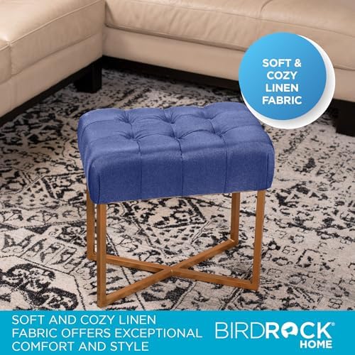 BIRDROCK HOME Rectangle Tufted Linen Ottoman Foot Rest - 19.7x11.82x17.73” Small Foot Stool with Legs - Padded Footrest Modern Ottomans for Living Room Furniture, Bedroom Footstool (Blue)