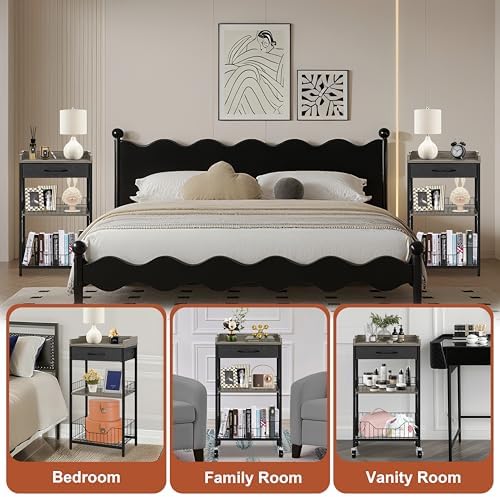 Tall Side Table, Narrow Side Table with Wheels, Black & Grey
