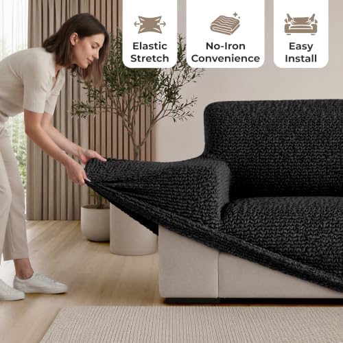 PAULATO Premium Stretch Couch Covers for Sofa - Sofa Chair Cover Washable, Dogs & Pets Friendly - Elastic Polyester Loveseat Slipcovers - Non-Slip Love Seat Couch Covers - Black (21"-39" Wide)