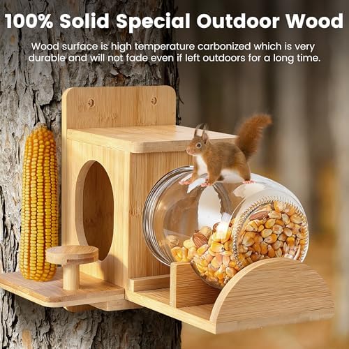 Bamboo Wood Squirrel Feeder, Outdoor Squirrel Feeders for Garden Tree, Chipmunk Feeder for Corn and Peanuts, with Removable Glass Storage Bottle and 2 Stable Stools