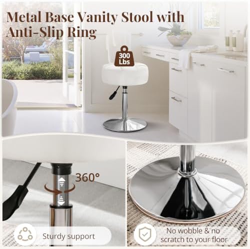 LUE BONA Adjustable Vanity Stool, 360 Swivel Chair for Makeup Room, White Faux Leather Stool for Bathroom & Living Room