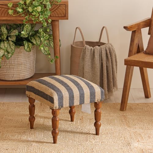 Handmade Jute Ottoman Stool with Wooden Legs | Square Upholstered Foot Rest & Accent Seating | Woven Vanity Stool for Living Room, Bedroom, Hall, Entryway & Home Décor (White)