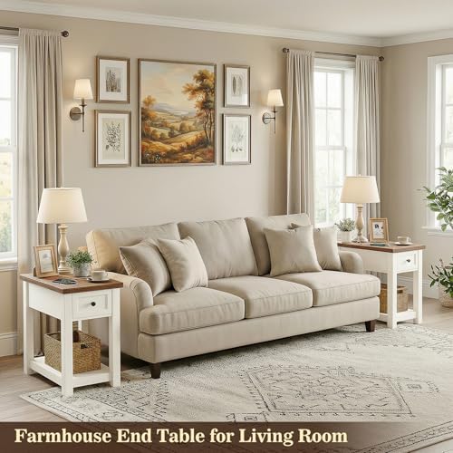 Farmhouse Narrow End Table Set of 2 with Charging Station, 13.8" Wide