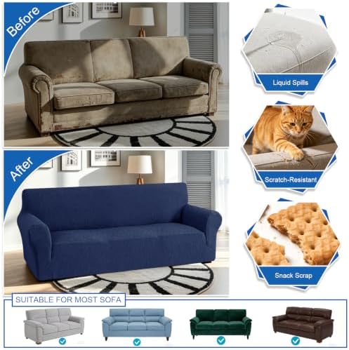 MAXIJIN Waterproof Couch Covers for Sofa (71"-91"), Stretch Sofa Cover Slipcovers with Non Slip Elastic Bottom, Dog Pet Friendly Furniture Protector Washable (Large, Navy Blue)