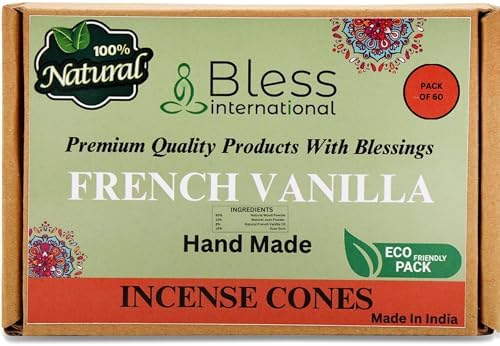 Bless International French-Vanilla 100%-Natural-Incense-Cones Handmade-Hand-Dipped Organic-Chemicals-Free for-Purification-Relaxation-Positivity-Yoga-Meditation The-Best-scents (60 Count)