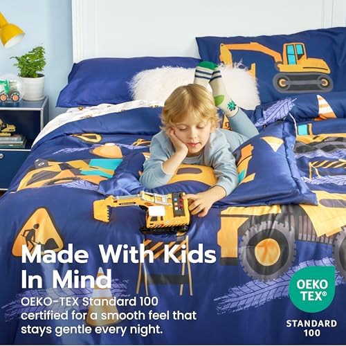Joiedomi Kids Comforter Set Bedding Set for Boys Girls Super Soft Microfiber Bed in a Bag with Comforter Sheets Pillowcase Sham, Dark Blue Construction Vehicle, Twin