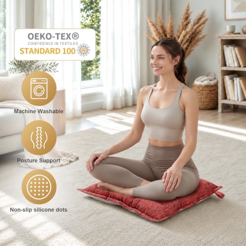 SINOSSO Floor Pillow Large Square 22x22 Inch, Minimalist Color-Block Meditation Cushion, Non-Slip Shredded Memory Foam Floor Cushion for Yoga, Reading, Tatami, Chair Seat, Red, 1 Pack