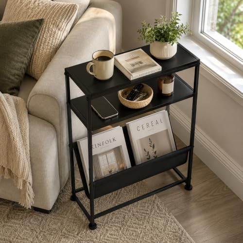 Narrow End Table for Small Spaces - Slim Side Table with Magazine Holder,2 in 1 Design Narrow Coffee Table Living Room,Skinny Bedroom Nightstand Thin Side Magazine Table,Black