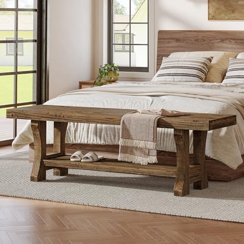 Solid Wood Storage Bench, Farmhouse Entryway Bench, Long Indoor Dining Seat for Hallway, Bedroom, Living Room, Dining Room, Easy Assembly, Dark Brown