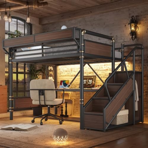 Queen Size Metal Loft Bed Frame with Staircase & Built-in Desk & Wardrobe, Loft Bed with Pegboard & Mesh Storage Baskets & Slats, No Box Spring Required, Easy Assembly, for Bedroom, Black