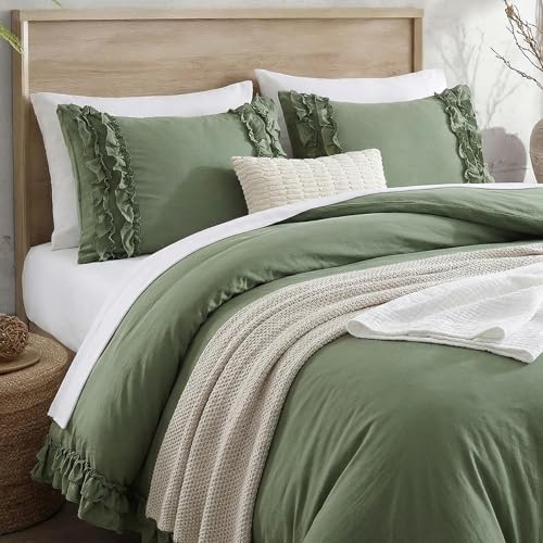 Avocado Green Duvet Cover Ruffled Bedding Set Pleated Ruffle Fringe Shabby Chic Bedding Twin Size Super Soft Cozy Boho Bedroom Bedding for All Season