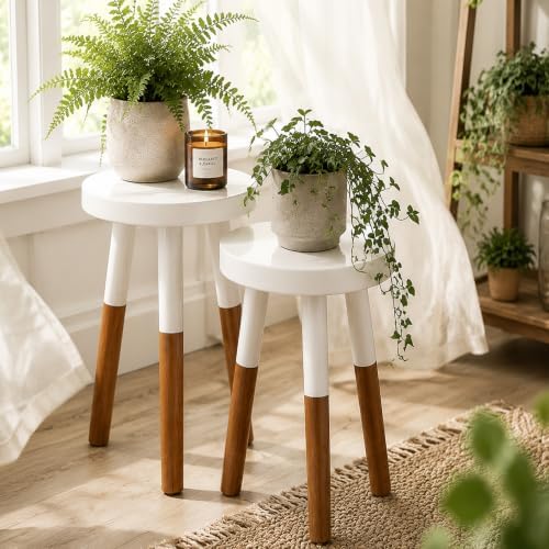 LitaEther Modern Side Table Set of 2, Solid Wood Accent Table,12" D x 12" W x 20" H & 12" D x 12" W x 18" H Small End Table for Living Room Bedroom, Plant Stand, Bathroom Stool, Pedestal Drink Table