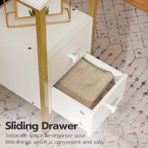 HOOBRO End Table with Charging Station, Narrow Side Table with 2 Drawer & USB Port & Power Outlets, Nightstand for Small Spaces, Stable and Sturdy, for Living Room, Bedroom, Gold and White DW541BZ01