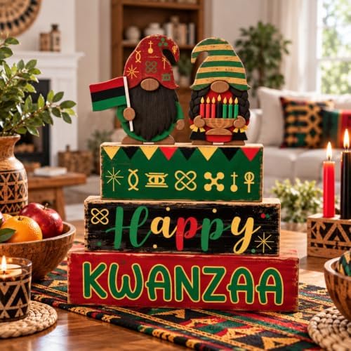 Yuntau 4 Pcs Happy Kwanzaa Books Table Decor Black Gnome Stacked Signs