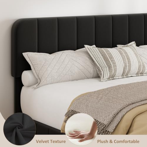 Garvee King Size Velvet Bed Frame with Adjustable Headboard, Black