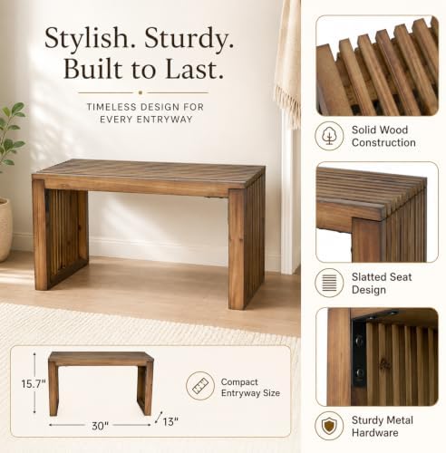 Solid Wood Slatted Entryway Bench 30" Farmhouse for Dining Room,Living Room