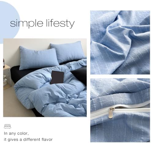 3Pcs Vintage Blue Stripes Textured Duvet Cover Set King Size, Zipper & Ties