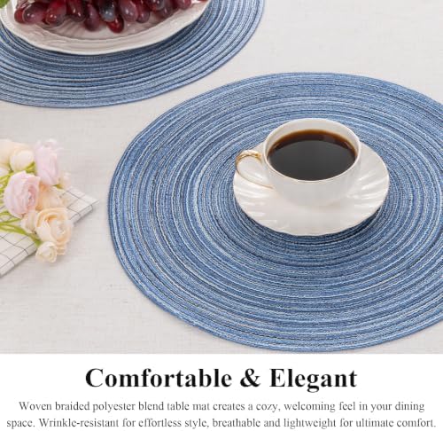 SHACOS Round Braided Placemats Set of 8 Circle Place Mats Cotton Polyester Kitchen Table Mats for Dining Table Wedding Party Decor (Blue Gray, 8)