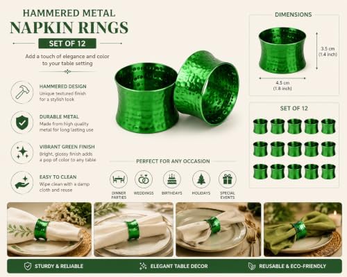 ITOS365 Green Napkin Rings Set of 12, Handmade Hammered Metal Napkin Ring Holders for Dining Table, Wedding, Parties & Everyday Table Decor