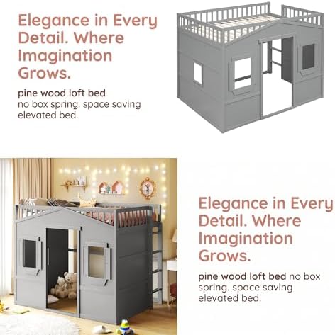 Bellemave Full Size Loft Bed with Play House Shape, Loft Bed Frame with Windows, Entertainment Space and Ladders for Kids, Boys, Girls and Teens, No Spring Needed (Gray)