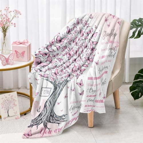 Newsely Pink Butterfly Tree Throw Blanket,50x60 Inch Reversible, Inspiritional Quotes Fashion Bible Verse Unique Girl Flannel Blanket Home Decor Super Soft Warm Cozy for Bed Couch Sofa Couch