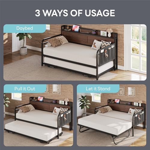 LIKIMIO Twin Daybed with Pop Up Trundle & Charging Station & Storage Shelf