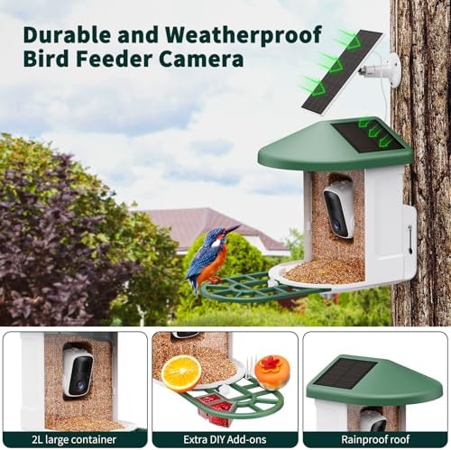 HARYMOR Smart Bird Feeder with Camera - AI Identify Birds Species, Solar Powered Bird House with Cam, 2L Large Capacity, 2K HD Video Live Stream, Instant Arrival Alerts - Green
