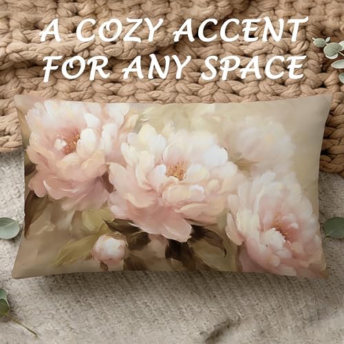 Vintage Pink Peony Floral Pillow Cover 12x20, Rustic Farmhouse Cottage Core Botanical Flower Decorative Lumbar Pillow Cover for Couch Bed Living Room Bedroom