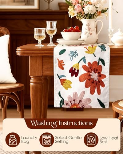 Canvas Embroidered Narrow 13"x 90" Table Runner, Colorful Flower
