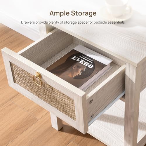SICOTAS White Rattan Nightstand Set of 2 with Storage Shelf, Bedside Tables