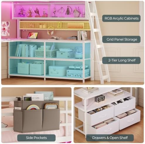 ADORNEVE Gaming Loft Bed Full Size with U-Shaped Desk & RGB Cabinet, White