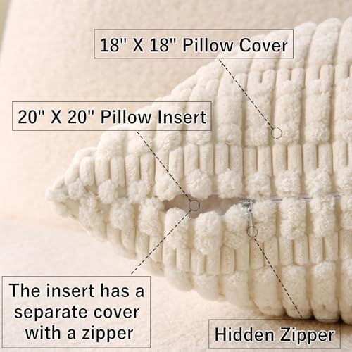 2 Pack Corduroy Decorative Throw Pillow with Inserts, 18x18 Inch Soft Boho Throw Pillow, Square Striped Throw Pillows for Couch, Bed, Sofa Decor(Beige)