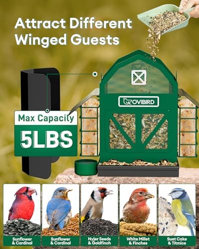 Bird Feeders for Outdoors Hanging, 5LBS Large Bird Feeder with 2 Suet Cage, Red Barn Metal Birds Feeder for Outside, Weather Resistant Cardinal Feeders, ldeal Birds Watching Gifts (Green)