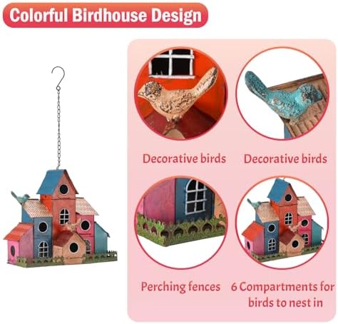 Large Bird House for Outside Hanging, Colorful Birdhouse with 6-Compartment
