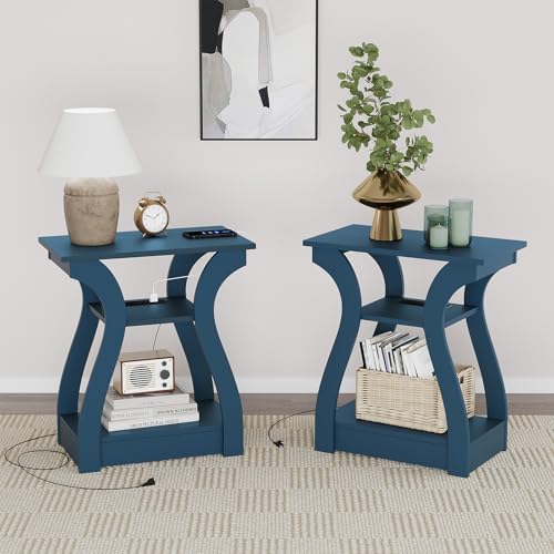 FROMJBEST End Tables Living Room Set of 2 with Charging Station, Navy Blue