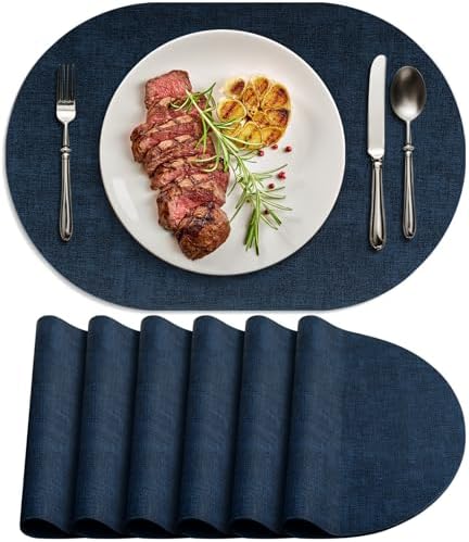 Faux Leather Oval Placemats Set of 6, Dark Blue