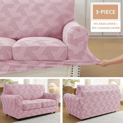 ZNSAYOTX 3 Piece Stretch Loveseat Covers (55"-71") New-Rectangle Texture, Thick Sofa Covers for 2 Cushion Couch Universal Sofa Slip Cover with Elastic Bottom & Buckle, Soft Protector Dusty Pink