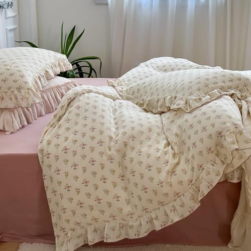 Cotton Floral Duvet Cover Queen with Ruffles,Azalea Print,No Pillow