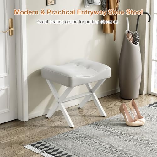 Memobarco 18-Inch Large Leather Vanity Stool Chair, White Makeup Stool