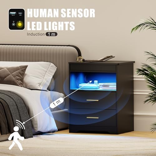 FREDEES LED Nightstand with Gun Drawer & Charging Station