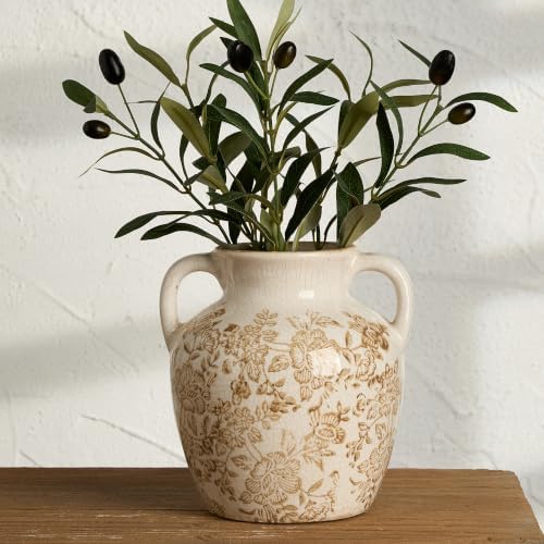 Ceramic Vintage Vase, Utensil Holder, Flower Decorative Vase with Handles, Chinoiserie Decor Rustic Farmhouse Retro Floral Vases for Table Bookshelf Mantel Kitchen Living Room Office - 6.7” Brown 018