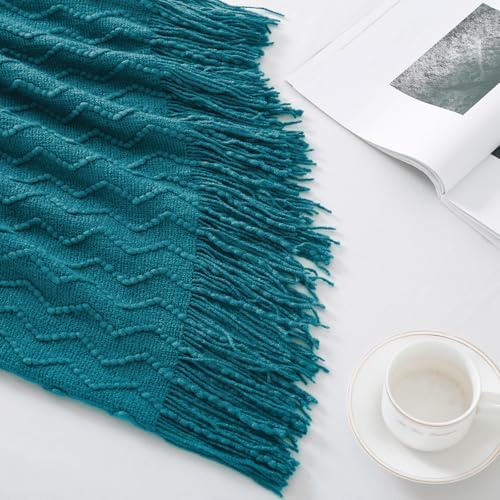 BOURINA Teal Throw Blanket 60x80 Inch Boho Knitted Soft Throw Sofa Blanket