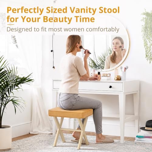 LUE BONA Vanity Stool, Square Linen Makeup Stool, Honey Brown