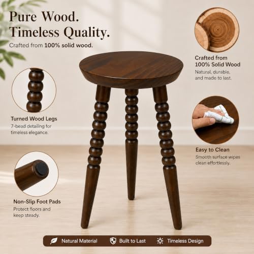 Solid Wood Side Table, 23.6" Tall Round End Table, 11.8" Pedestal Drink Table, Accent Table,Mid Century Modern Plant Stand Small Stool for Living Room, Bedroom, Bathroom, Dark Walnut