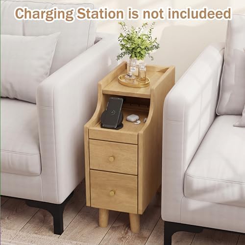 KOMFOTT Narrow Nightstand with Drawers, Solid Wood Bedside Table with Pull-Out Tray & 2 Storage Drawers, Slim Sofa End Table with Cable Management for Small Spaces, Bedroom (Natural,8" x 16" x 20",2)
