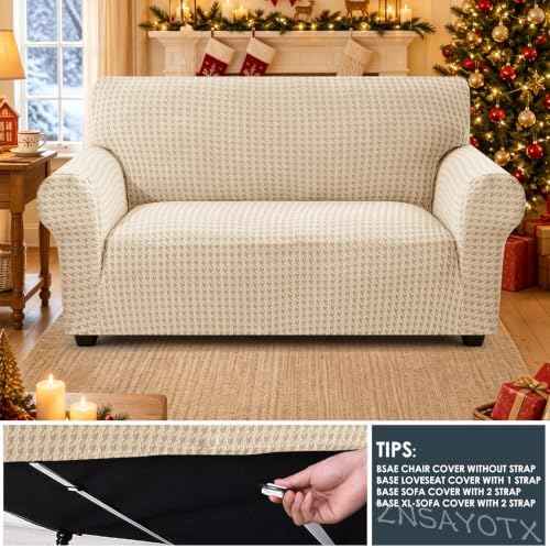 ZNSAYOTX 1 Piece Stretch Loveseat Cover (55"-71") New-Houndstooth Texture, Thick Sofa Covers for 2 Cushion Couch Universal Sofa Slip Cover with Elastic Bottom & Buckle, Soft Protector Khaki